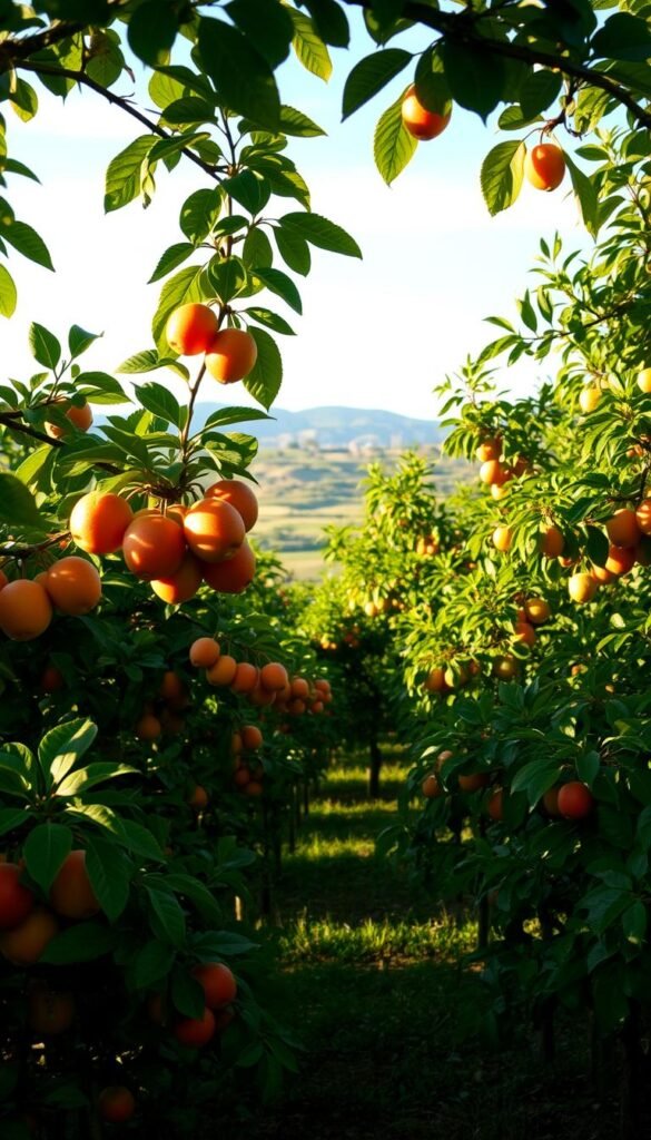 A lush, verdant fruit tree garden nestled in a serene, natural setting. In the foreground, an array of ripe, vibrant fruits hang from the branches, their colors and textures inviting. The middle ground features the graceful, gently swaying trees, their leaves casting a soft, dappled light upon the ground below. In the background, a tranquil landscape of rolling hills and a clear, azure sky, creating a harmonious, rejuvenating atmosphere. The lighting is natural and warm, highlighting the garden's abundance and the environmental benefits it provides. A sense of balance and sustainability permeates the scene, inviting the viewer to appreciate the beauty and nourishment of a thriving fruit tree garden.