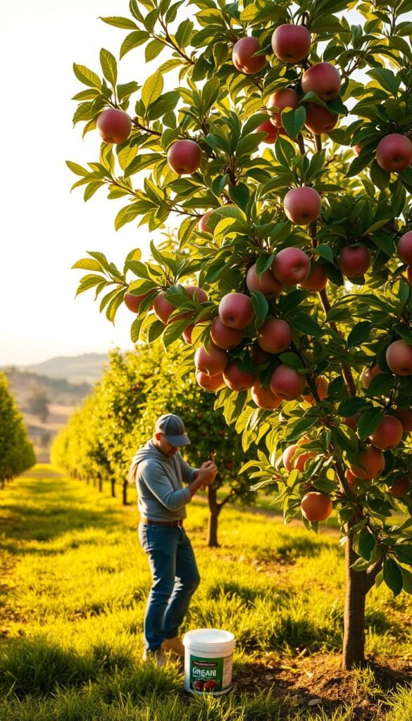 A lush, verdant fruit tree orchard in soft, golden afternoon light. In the foreground, a gardener carefully administers a balanced organic fertilizer to the base of a thriving apple tree, its branches laden with ripe, blushing fruit. The middle ground showcases the diverse array of fruit trees - pear, plum, cherry - each at a different stage of growth and bearing. In the background, a hazy horizon of rolling hills and a bright, azure sky. The scene exudes a sense of harmony and nurturing, capturing the essence of mastering the art of fruit tree fertilization for vibrant, abundant harvests.