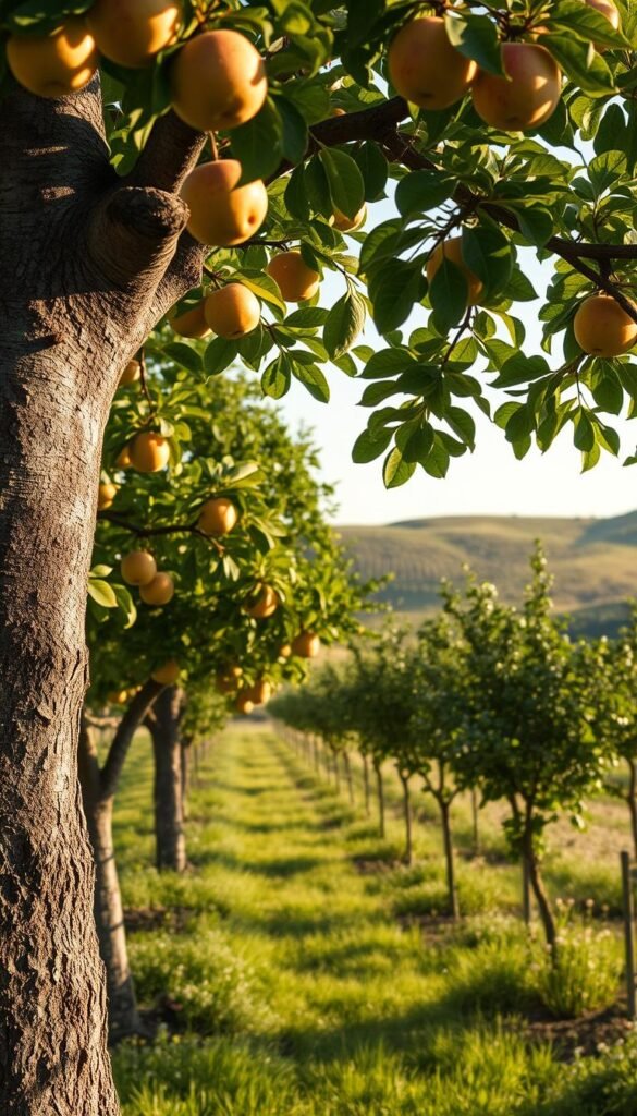 A lush, verdant fruit tree orchard in soft morning light, showcasing the ideal growing conditions. In the foreground, the textured bark and gnarled branches of a mature apple tree, its canopy laden with ripe, golden fruit. The middle ground reveals a row of thriving pear, plum, and cherry trees, their leaves rustling gently in a light breeze. In the background, a gently sloping hill is dotted with wildflowers, setting the scene for a tranquil, pastoral landscape. The lighting is warm and natural, with soft shadows accentuating the depth and dimensionality of the scene. A 35mm lens captures the moment, providing a sense of depth and immersion for the viewer.
