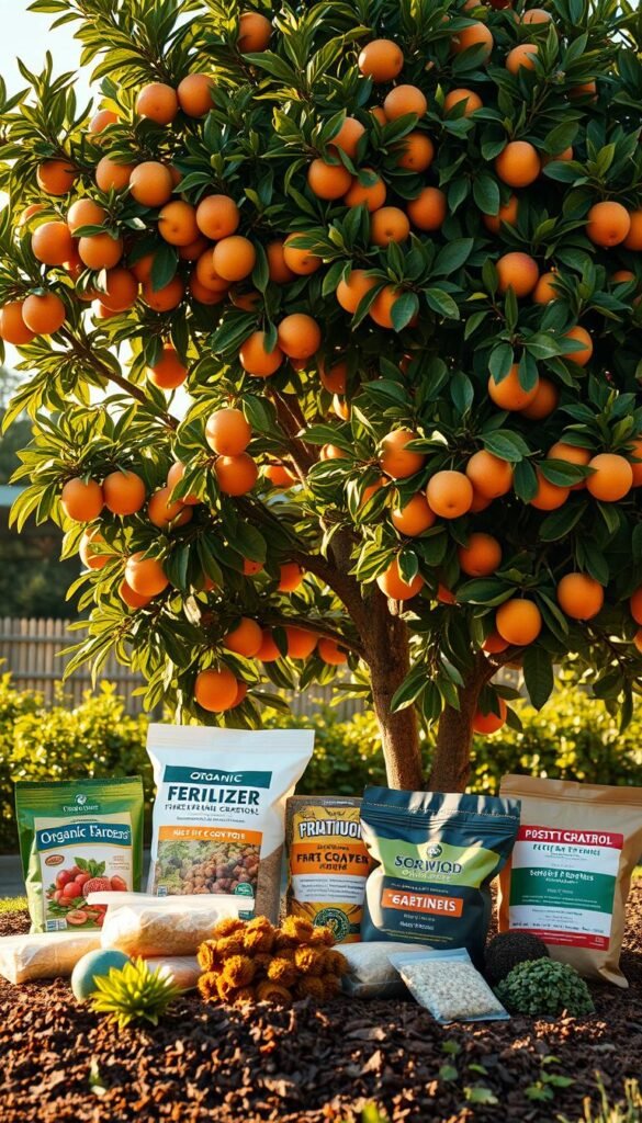 A lush, verdant fruit tree standing tall, its branches laden with ripe, succulent fruit. In the foreground, a bountiful display of organic fertilizers, nutrient-rich mulch, and natural pest control methods, artfully arranged to showcase their role in nurturing the tree's health and productivity. The scene is bathed in warm, golden sunlight, creating a harmonious and inviting atmosphere. The camera captures the image from a slightly elevated angle, emphasizing the tree's majestic presence and the symbiotic relationship between the fruit and the carefully curated gardening essentials. An idyllic representation of the perfect fruit plant garden, brimming with life, vitality, and the rewards of attentive care.