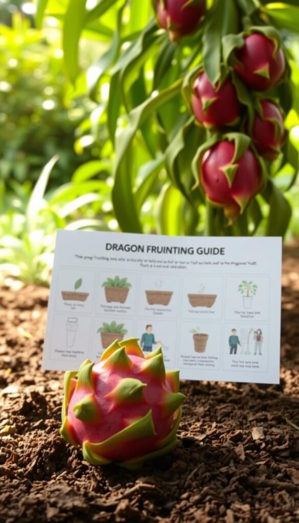 A lush, verdant garden backdrop sets the stage for the captivating display of a dragon fruit planting guide. In the foreground, a vibrant, ripe dragon fruit rests atop a rich, fertile soil, surrounded by a well-manicured cluster of dragon fruit vines, their leaves unfurling gracefully. The middle ground showcases a step-by-step visual guide, demonstrating the proper techniques for planting and nurturing these exotic, succulent fruits. Warm, natural lighting bathes the scene, casting a soft, inviting glow and highlighting the intricate textures of the dragon fruit and its lush foliage. The overall composition conveys a sense of harmony, inviting the viewer to explore the art of cultivating these captivating tropical delights.