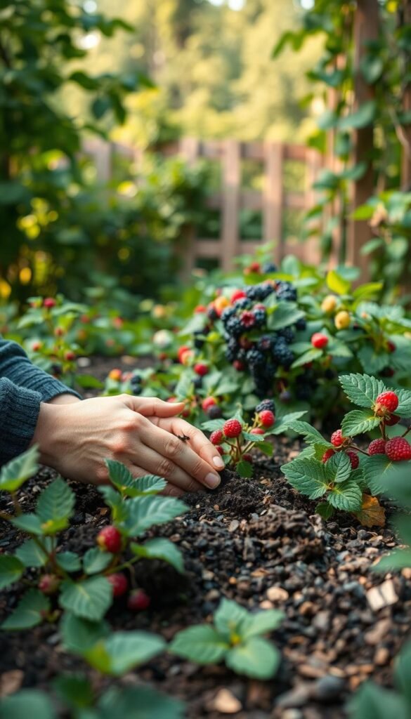 A lush, verdant garden backdrop with soft, natural lighting. In the foreground, a person's hands gently planting berry bushes, with soil being carefully placed around the roots. The middle ground shows various berry bush varieties, their vibrant colors and textures contrasting against the earthy tones. In the background, a wooden fence or trellis system provides support and structure. The overall scene conveys a sense of tranquility, expertise, and attention to detail in the berry planting process.