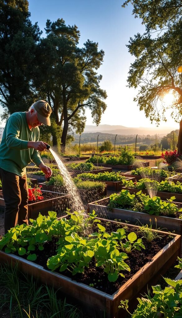A lush, verdant garden bathed in the warm glow of early morning sunlight. In the foreground, a gardener meticulously waters a square foot garden bed, gently guiding the stream of water to nourish the soil and the thriving plants. The gardener's movements are deliberate and efficient, showcasing the techniques honed through experience. In the middle ground, other garden beds surround the focal point, each with its own unique arrangement of vegetables, herbs, and flowers. The background features a picturesque landscape, with towering trees and a clear blue sky, creating a serene and calming atmosphere. The overall scene conveys a sense of harmony and the gardener's deep understanding of the delicate balance required to successfully manage a square foot garden in extreme heat conditions.