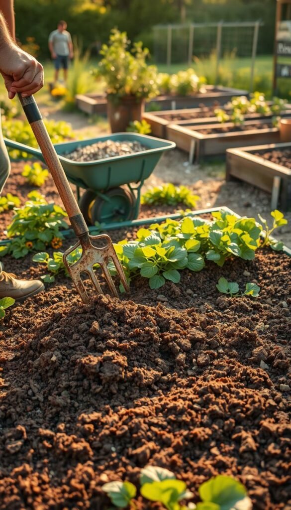 A lush, verdant garden bed, its soil rich and crumbly, with a team of gardeners diligently working to amend it. In the foreground, a person carefully mixes in organic matter, such as compost and aged manure, using a garden fork. The middle ground reveals a wheelbarrow filled with soil amendments, while in the background, raised garden beds stand ready to receive the newly prepared soil. Warm, golden sunlight filters through the scene, casting a natural, earthy glow. The overall atmosphere conveys the importance of soil preparation for a thriving home vegetable garden.