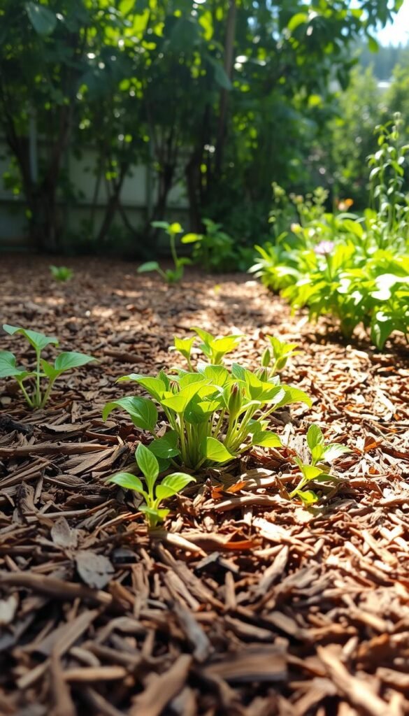 A lush, verdant garden bed with a thick, even layer of organic mulch covering the soil. The mulch appears to be a mix of shredded bark, wood chips, and decomposing leaves, creating a warm, earthy tone. Sunlight filters through the overhead foliage, casting a soft, natural glow on the scene. In the foreground, healthy green plants and flowers emerge from the mulch, their vibrant colors contrasting with the muted tones of the mulch. The mid-ground features close-up details of the mulch's texture, revealing its porous, moisture-retaining properties. The background showcases the overall garden setting, with additional plants and foliage framing the composition. The entire scene conveys a sense of harmony, sustainability, and the benefits of organic mulching for a thriving, eco-friendly small-space plot.