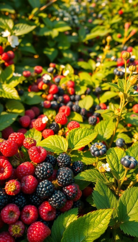 A lush, verdant garden brimming with an array of vibrant berry bushes, each stage of the harvest cycle captured in vivid detail. In the foreground, plump, juicy berries of various hues - crimson raspberries, deep indigo blackberries, and glistening blueberries - await eager hands. The middle ground showcases the plants in full bloom, delicate white flowers adorning the branches. In the background, young, tender shoots emerge, hinting at the bounty to come. Warm, golden sunlight filters through the leaves, casting a soft, natural glow over the scene. Subtle shadows add depth and dimension, while a sense of balance and harmony pervades the entire composition.