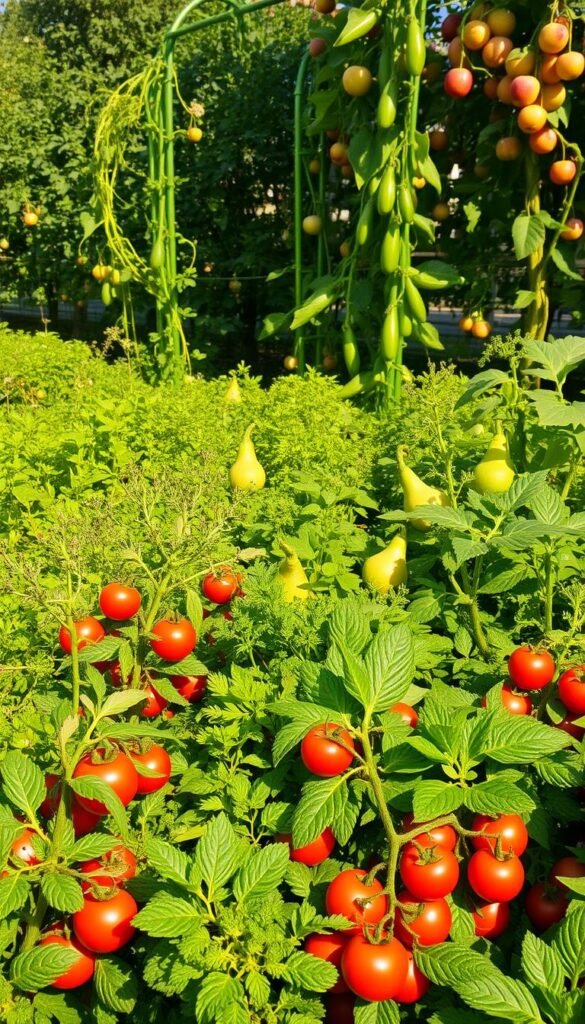 A lush, verdant garden bursting with an array of fruits and vegetables, showcasing the harmonious coexistence of sweet and savory elements. In the foreground, rows of tomato plants, their vibrant red orbs glistening under the warm, golden sunlight. Interspersed between them, clusters of leafy greens and herbs, their fragrant aromas mingling in the gentle breeze. In the middle ground, a verdant trellis supports the climbing vines of zucchini and cucumbers, their emerald tendrils curling and twisting in a delicate dance. In the background, a bountiful display of fruit trees – apple, pear, and cherry – their branches laden with ripe, succulent produce. The overall scene exudes a sense of harmony, balance, and the abundance of nature's gifts, inviting the viewer to immerse themselves in the captivating world of companion planting strategies.