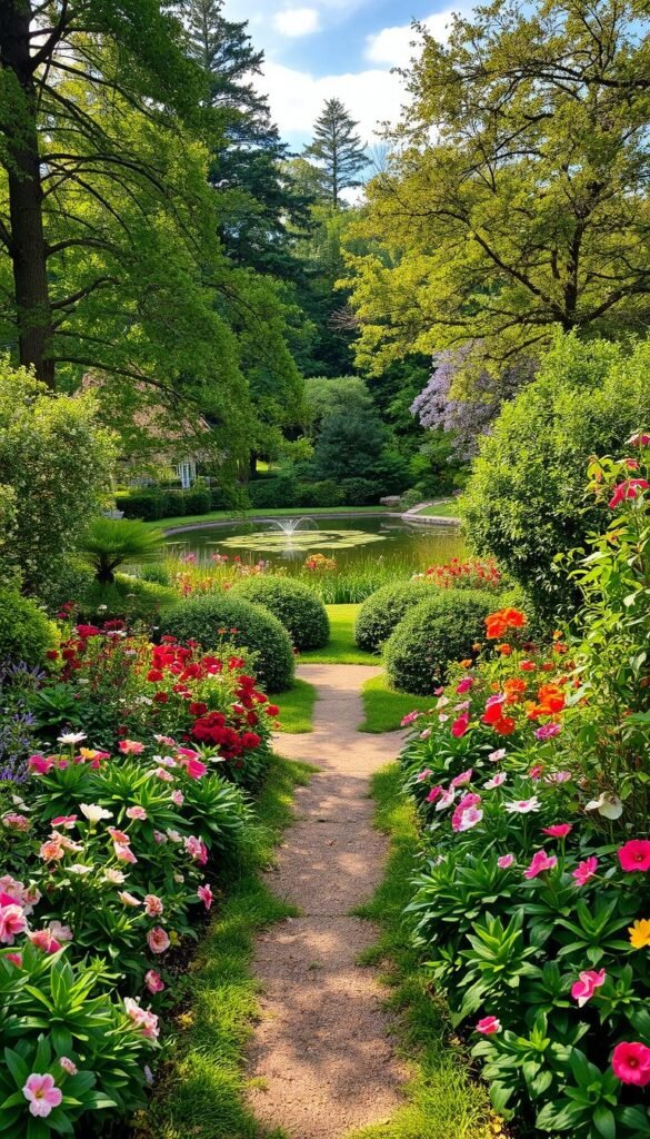 A lush, verdant garden comes alive in the changing seasons, its vibrant hues and diverse flora telling a captivating story. In the foreground, a meandering path leads the viewer through a tapestry of blooming flowers, their petals gently swaying in a soft breeze. Towering trees and flourishing shrubs form the middle ground, casting dappled shadows that play across the scene. In the distance, a tranquil pond reflects the shifting skies above, its calming surface punctuated by the occasional splash of a playful fish. The overall atmosphere is one of renewal and wonder, inviting the viewer to embark on a transformative garden journey.