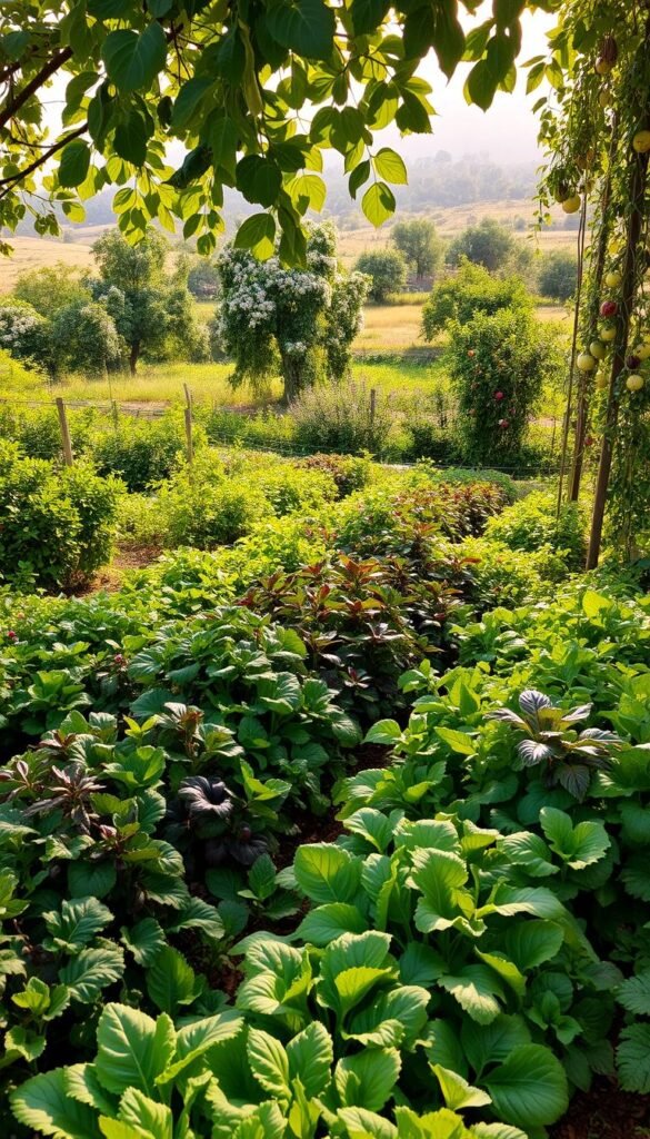 A lush, verdant garden filled with a diverse array of vegetables and fruits, meticulously planned for continuous harvest. In the foreground, rows of thriving leafy greens, radishes, and carrots, their vibrant colors and textures creating a tapestry of life. In the middle ground, a blend of bushy tomato plants, climbing beans, and trailing squash vines, each carefully positioned to maximize space and productivity. The background showcases a gentle rolling landscape, dotted with fruit trees in full bloom, their branches heavy with the promise of a bountiful yield. Soft, diffused sunlight filters through the canopy, casting a warm, golden glow over the entire scene, evoking a sense of tranquility and abundance. The overall composition conveys a harmonious, carefully orchestrated system, where nature and human ingenuity coexist in perfect symbiosis.