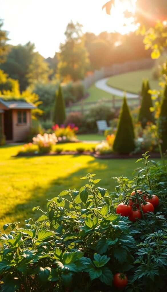 A lush, verdant garden landscape bathed in warm, golden afternoon sunlight. In the foreground, a thriving vegetable patch with leafy greens, vibrant tomatoes, and flourishing herbs. Mid-ground features a well-tended lawn dotted with blooming flowers and neatly pruned shrubs. The background showcases a wooden garden shed, a tall fence, and a glimpse of a winding path leading deeper into the serene outdoor space. Subtle shadows and soft, diffused lighting create a tranquil, inviting atmosphere, perfectly capturing the essence of a well-balanced, healthy garden environment.