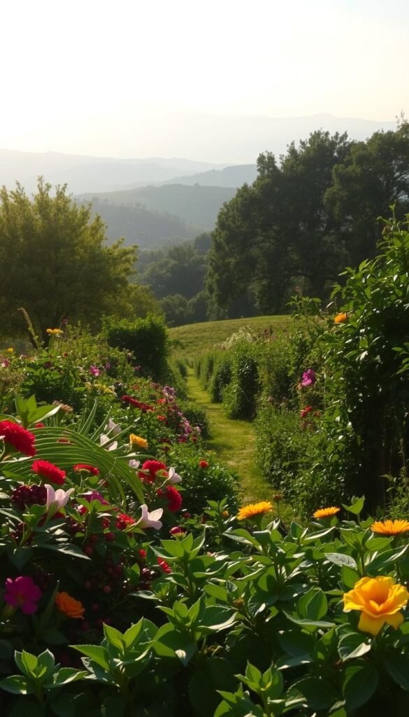 A lush, verdant garden landscape unfolds, showcasing the harmonious integration of vibrant flowers and bountiful fruit trees. In the foreground, a diverse array of edible plants - from berry bushes to leafy greens - cascade over a gently undulating terrain, inviting the viewer to explore the bounty. Sunlight filters through the canopy of mature fruit trees in the middle ground, casting a warm, golden glow that illuminates the scene. In the distance, rolling hills and a hazy horizon create a sense of depth and tranquility. The overall atmosphere evokes a serene, inviting oasis where the beauty of nature and the abundance of edible delights coexist in perfect harmony.