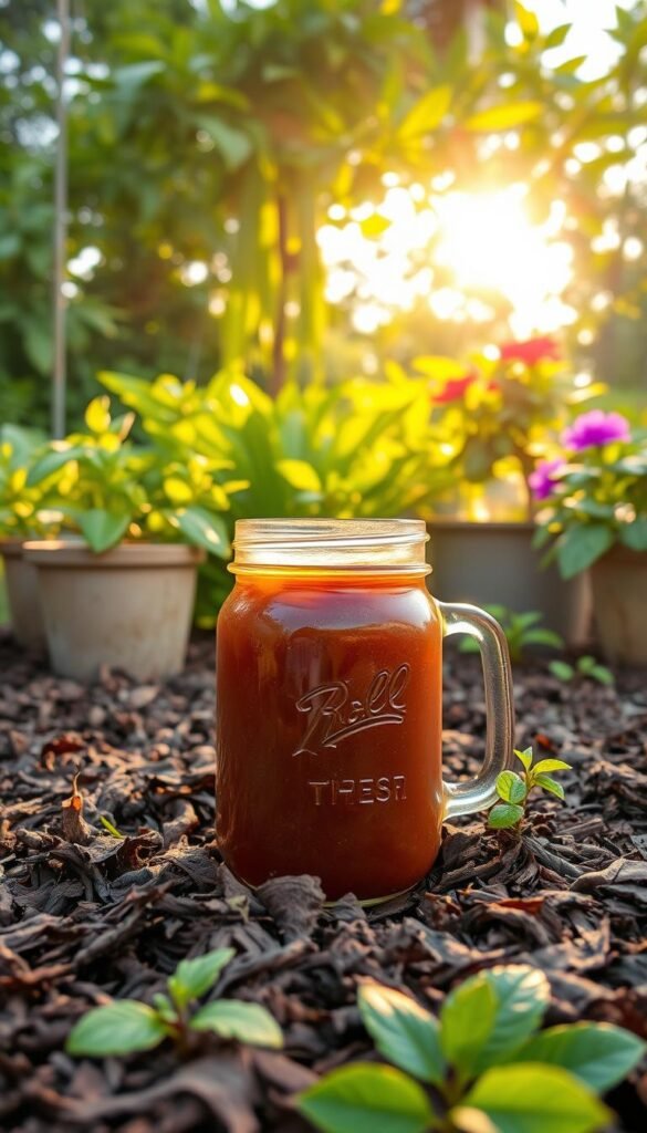 A lush, verdant garden scene bathed in warm, golden-hour sunlight. In the foreground, a glass mason jar overflows with a rich, earthy-brown liquid - compost tea, a nutrient-dense elixir for nourishing plant roots. Surrounding the jar, a layer of deep-brown mulch covers the soil, its organic matter slowly decomposing to feed the soil and retain moisture. In the background, thriving potted plants and vibrant foliage create a harmonious, eco-friendly oasis, showcasing the complementary benefits of these organic gardening practices.