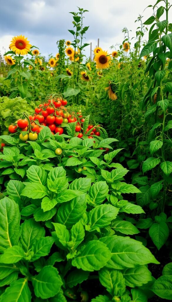 A lush, verdant garden scene depicting the contrast between cool-season and warm-season plants. In the foreground, leafy greens like kale and spinach thrive under a soft, overcast sky. In the middle ground, vibrant tomato vines and pepper plants bask in the warm sunlight. The background showcases towering sunflowers and trailing vines, creating a sense of depth and abundance. The lighting is soft and natural, with long shadows casting a sense of tranquility. The camera angle is slightly elevated, providing an immersive, bird's-eye view of the harmonious coexistence of these seasonal crops.