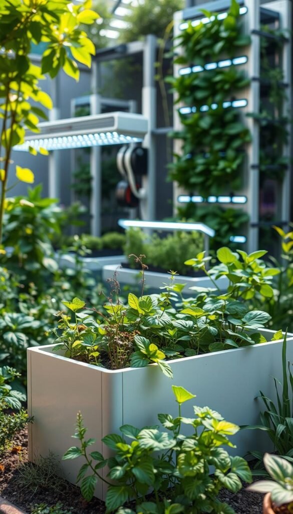 A lush, verdant garden scene featuring eco-friendly smart gardening innovations. In the foreground, a modern, minimalist self-watering planter box with built-in sensors and an automated irrigation system. Surrounding it, various plants and herbs thriving in a balanced, low-maintenance environment. In the middle ground, a futuristic hydroponics system with LED grow lights efficiently nourishing leafy greens. In the background, a sleek, modular vertical garden with programmable LED lighting and water recycling components. The scene is bathed in soft, natural lighting, conveying a sense of harmony and sustainability. The overall atmosphere is one of technological innovation seamlessly integrated with nature, creating a visually striking and environmentally conscious urban gardening display.