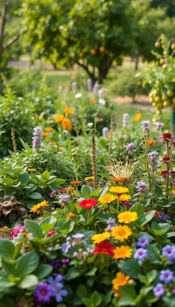 A lush, verdant garden scene showcasing an array of companion planting combinations. In the foreground, leafy greens and vibrant flowers intermingle, creating a visually harmonious tapestry. In the middle ground, a mix of herbs, vegetables, and small fruit bushes thrive together, demonstrating the benefits of edible landscaping. The background features a blurred, dreamlike orchard, with a variety of fruit trees casting dappled light across the scene. The overall composition is captured with a soft, natural lighting and a slightly wide-angle lens, conveying a sense of balance, abundance, and the joy of cultivating a productive, visually appealing fruit garden.