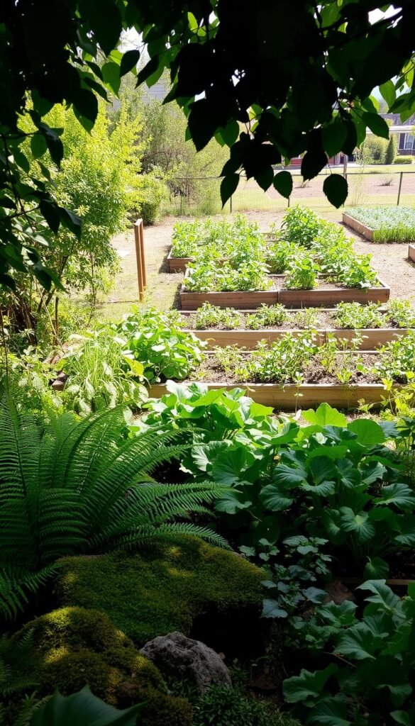 A lush, verdant garden scene showcasing diverse microclimates. In the foreground, a shaded nook with ferns and mossy stones, hinting at a cool, humid microclimate. The middle ground features raised garden beds with thriving vegetables, each experiencing slightly different light and temperature conditions. In the background, an open, sunny area with drought-tolerant plants, reflecting a warmer, drier microclimate. Soft, diffused natural lighting illuminates the scene, casting gentle shadows and highlighting the textural variations of the foliage. A sense of harmony and balance pervades the composition, demonstrating the interconnected nature of garden microclimates.