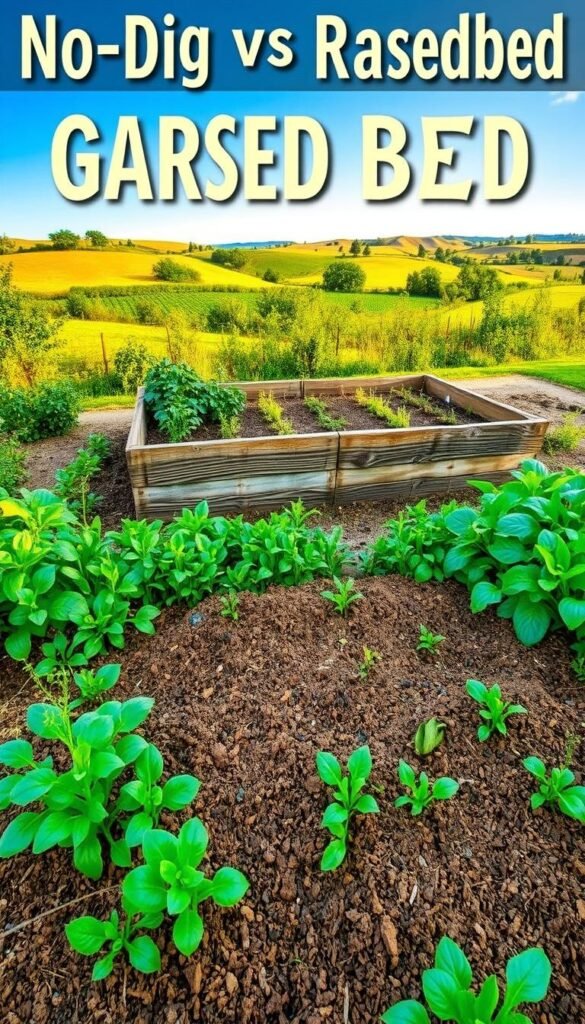 A lush, verdant garden scene showcasing the contrasting methods of no-dig and raised bed gardening. In the foreground, a neatly tended no-dig garden bed with rich, loamy soil and thriving plants. In the middle ground, a well-constructed raised garden bed with precisely arranged crops. The background features a tranquil rural landscape, with rolling hills and a clear blue sky illuminated by warm, natural lighting. The scene conveys a sense of harmonious coexistence between these two gardening approaches, inviting the viewer to explore their distinct advantages. Captured with a wide-angle lens to provide a comprehensive overview, the image exudes a serene, educational atmosphere.