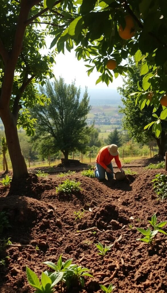 A lush, verdant garden scene with a focus on sustainable soil preparation for fruit trees. In the foreground, a gardener carefully works the soil, incorporating organic compost and amendments to enrich the earth. Dappled sunlight filters through the canopy of nearby mature fruit trees, casting a warm, natural glow. In the background, a picturesque landscape with rolling hills and a distant horizon. The scene exudes a sense of harmony and balance, showcasing the importance of nurturing the soil to support thriving fruit trees. The camera angle is slightly elevated, providing a panoramic view of the well-tended garden.