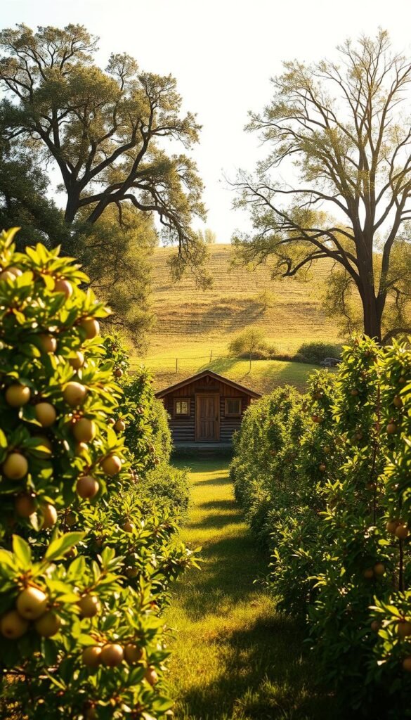 A lush, verdant home orchard nestled in a sunlit clearing, showcasing an abundant array of thriving fruit trees. The foreground features a well-tended garden with rows of healthy, leafy apple, pear, and plum trees, their branches laden with ripe, colorful produce. In the middle ground, a picturesque wooden shed with a charming pitched roof stands as a focal point, blending seamlessly with the natural environment. The background is framed by a gently rolling hill, dotted with towering oak and maple trees, casting soft, dappled shadows across the scene. The lighting is warm and golden, creating a inviting, serene atmosphere, with a slight breeze rustling the leaves. The overall composition conveys a sense of harmony and productivity, showcasing the beauty and bounty of a thriving home orchard.