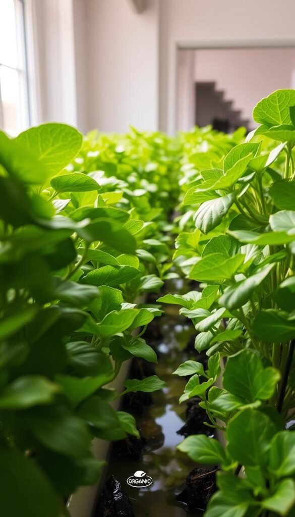 A lush, verdant hydroponic garden thrives under the warm glow of soft, natural lighting. In the foreground, organic nutrient solutions cascade over vibrant, leafy greens, their verdant hues reflecting the benefits of eco-friendly hydroponics. The middle ground showcases thriving plants, their roots submerged in the nutrient-rich water, demonstrating the nourishing power of these alternatives. In the background, a serene, minimalist interior sets the stage, highlighting the clean, sustainable aesthetic of this organic hydroponic setup. The overall scene conveys a sense of harmony, showcasing the remarkable advantages of embracing organic nutrient solutions for a greener, more responsible approach to hydroponics.