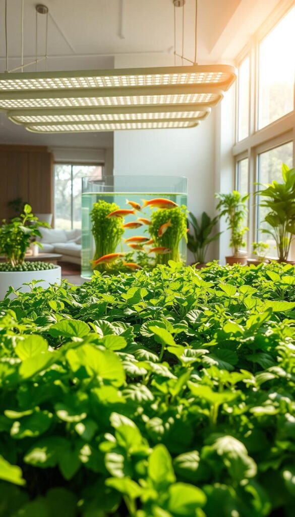A lush, verdant indoor aquaponic garden bathed in warm, natural light. In the foreground, a vibrant array of leafy greens and herbs thriving in a self-sustaining water-based ecosystem. Sleek, modern raised garden beds filled with nutrient-rich water, supported by an elegant overhead structure housing an array of energy-efficient grow lights. In the middle ground, a central fish tank teeming with colorful aquatic life, their waste providing essential nutrients for the flourishing plants. The background reveals a minimalist, minimalist home interior with large windows, allowing the garden to seamlessly integrate with the living space. An atmosphere of tranquility and sustainable abundance pervades the scene.