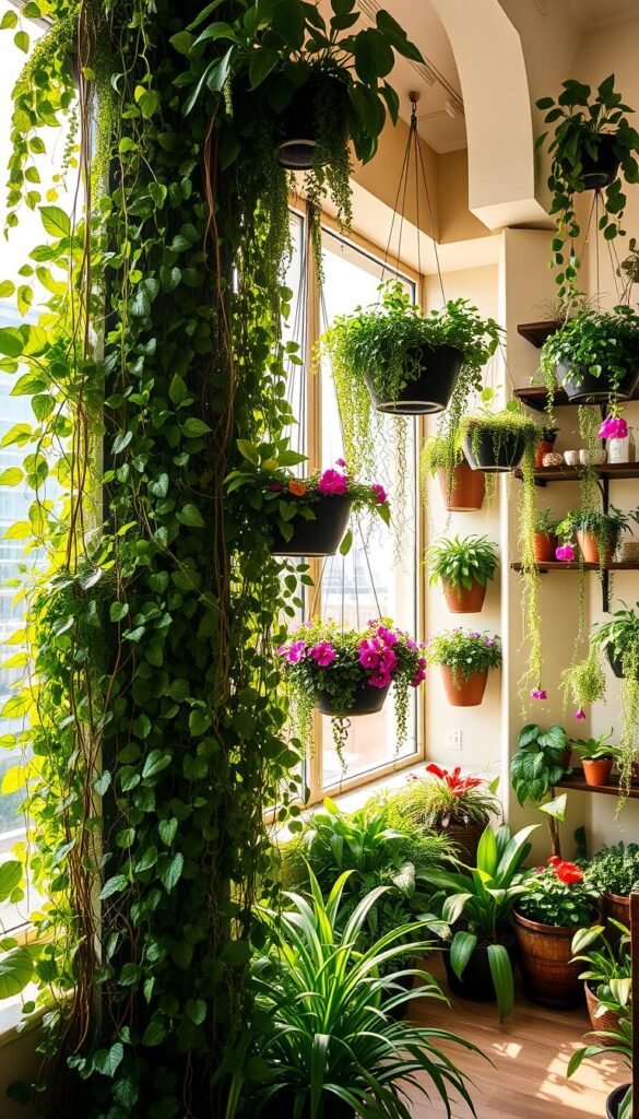 A lush, verdant indoor garden, bathed in warm, natural light filtering through large windows. In the foreground, a vertical planter system showcases a diverse array of thriving, cascading foliage - from trailing vines to lush, leafy greens. The middle ground features an assortment of hanging baskets, each brimming with vibrant flowers and trailing plants, creating a visually captivating display. In the background, additional potted plants and shelves line the walls, creating a sense of depth and a harmonious, nature-inspired atmosphere. The scene is captured with a wide-angle lens, emphasizing the efficient use of vertical space and the overall sense of abundant, well-curated greenery in a compact, urban setting.