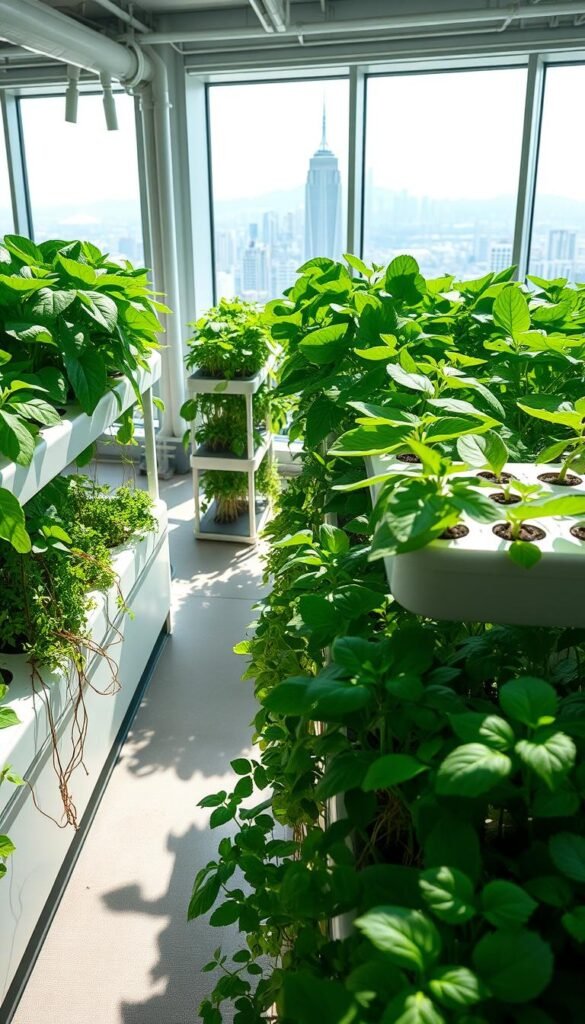 A lush, verdant indoor hydroponics garden in a sun-drenched, futuristic urban setting. In the foreground, a variety of vibrant leafy greens and vegetables thrive in sleek, minimalist hydroponic systems, their roots suspended in nutrient-rich water. The middle ground features a series of modular, stackable grow towers optimized for compact, soil-free cultivation. In the background, floor-to-ceiling windows offer a panoramic view of a bustling city skyline, hinting at the integration of this innovative urban farming technique within the heart of the metropolis. Soft, diffused lighting bathes the scene, creating a serene, almost ethereal atmosphere that highlights the harmony between technology and nature.