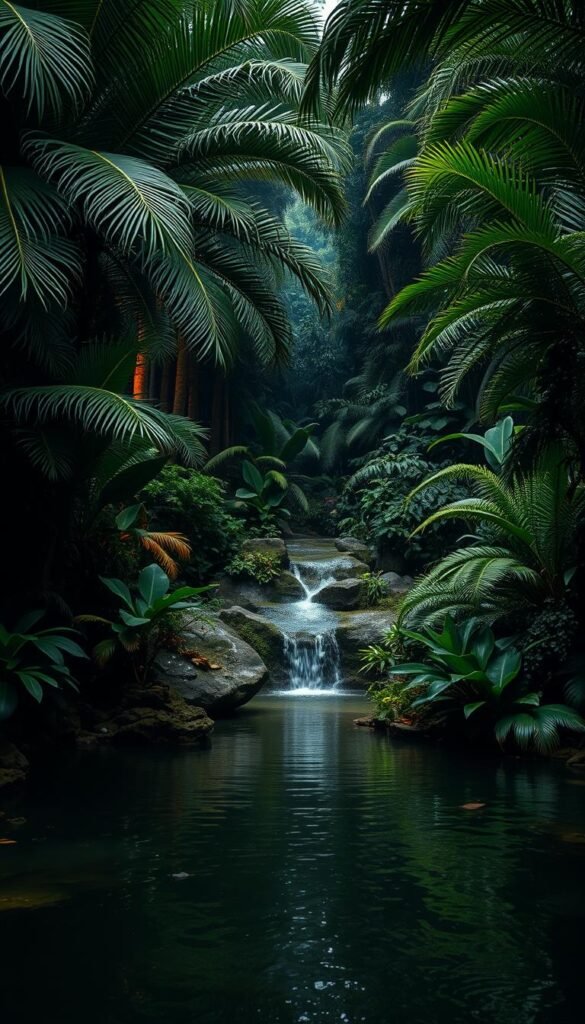 A lush, verdant jungle garden with a tranquil water feature at its center. The foreground showcases a serene pond with gently rippling waters reflecting the surrounding foliage. Towering palms, ferns, and exotic plants create a layered, immersive canopy overhead, filtering dappled sunlight. Subtle ambient lighting emanates from hidden sources, casting a warm, moody glow across the scene. The middle ground features a cascading waterfall, its soothing sounds blending with the rustling of leaves. In the background, the dense, tangled jungle backdrop sets the stage, hinting at the wilder nature beyond this oasis. An atmosphere of calm, tropical enchantment pervades the entire composition.