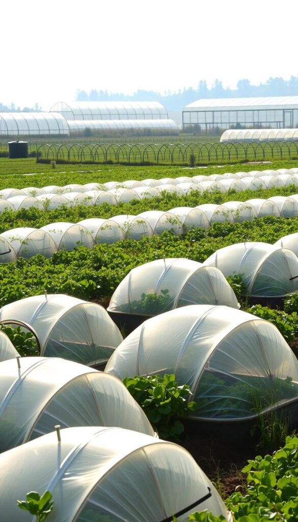 A lush, verdant landscape dotted with rows of low tunnels and greenhouse structures, casting soft, diffused light across the scene. In the foreground, compact, dome-shaped cold frames huddle close to the ground, their clear plastic panels glistening in the gentle sunlight. Beyond, a series of hoop-supported row covers undulate gracefully, creating a patchwork quilt of protected growing spaces. In the distance, larger greenhouse structures rise, their glass or polycarbonate panels reflecting the warm, natural tones of the surrounding environment. The overall mood is one of tranquility and productivity, inviting the viewer to envision the abundance of fresh produce thriving within these season-extending enclosures.