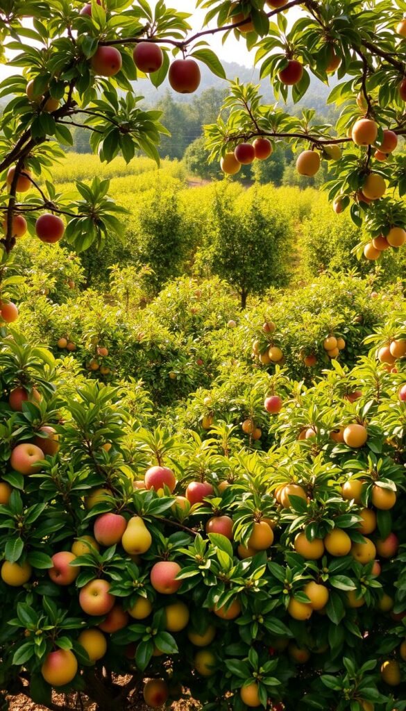 A lush, verdant orchard filled with a bountiful selection of fruit trees in full bloom. In the foreground, a cluster of vibrant apple, pear, and plum trees with their branches laden with ripe, succulent fruits. The middle ground features a mix of citrus trees, including oranges, lemons, and limes, their glossy leaves and fragrant blossoms catching the warm, golden sunlight. In the background, a row of hearty peach and nectarine trees stretches out, their branches heavy with the promise of juicy, flavorful harvests. The scene is bathed in a soft, diffused light, creating a serene and inviting atmosphere that evokes the essence of a thriving fruit garden.
