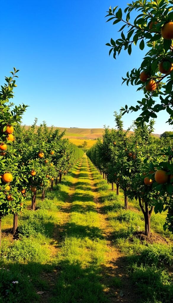 A lush, verdant orchard layout with neatly spaced fruit trees in the foreground. The trees are bursting with vibrant foliage and ripe, succulent fruits. In the middle ground, a well-tended pathway winds through the orderly rows, flanked by low-growing shrubs and flowering plants. The background features a gently rolling landscape with a clear blue sky overhead, illuminated by warm, golden sunlight casting long, soft shadows. The scene conveys a sense of harmony, productivity, and the careful planning essential for a thriving, sustainable fruit tree garden.