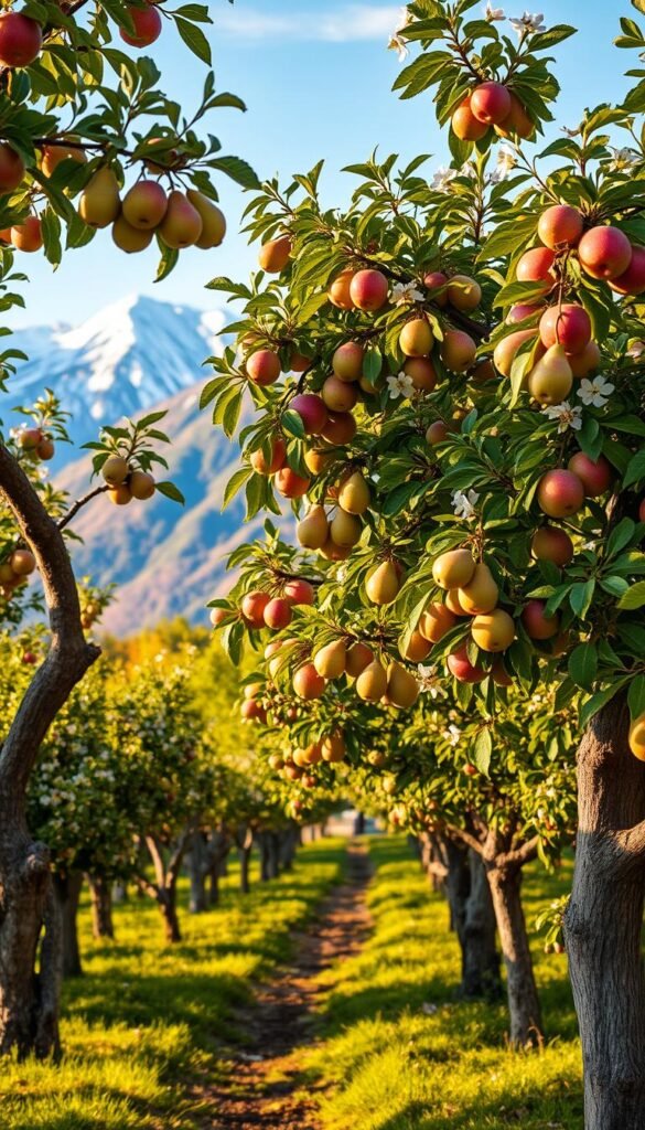 A lush, verdant orchard of cold-hardy fruit trees stands tall against a backdrop of snow-capped mountains. In the foreground, gnarled trunks and thick branches of apple, pear, and plum trees bear clusters of colorful, ripe fruit. Delicate blossoms add pops of pastel hues, while the midground reveals a well-tended garden path winding through the orchard. Warm, golden sunlight filters through the canopy, casting a cozy, rustic atmosphere. The scene evokes a sense of resilience and abundance, perfectly capturing the essence of cold-hardy fruit cultivation in northern regions.