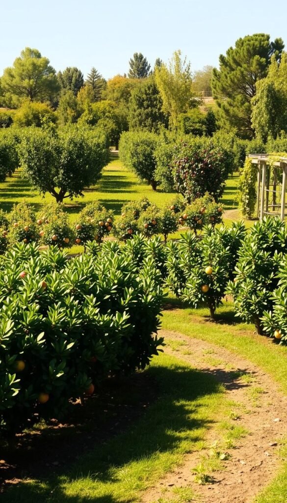 A lush, verdant orchard setting with various fruit tree layout configurations, captured in a serene, sun-dappled scene. In the foreground, rows of neatly aligned apple, pear, and cherry trees stand tall, their branches heavy with ripe, colorful fruits. In the middle ground, clusters of fig and citrus trees are arranged in a harmonious pattern, casting gentle shadows on the well-tended soil below. Towards the background, an espalier-trained peach tree and a grape vine-covered trellis add depth and visual interest to the composition. The warm, golden glow of the afternoon sun filters through the foliage, creating a soft, inviting atmosphere that highlights the natural beauty of this meticulously planned orchard garden layout.