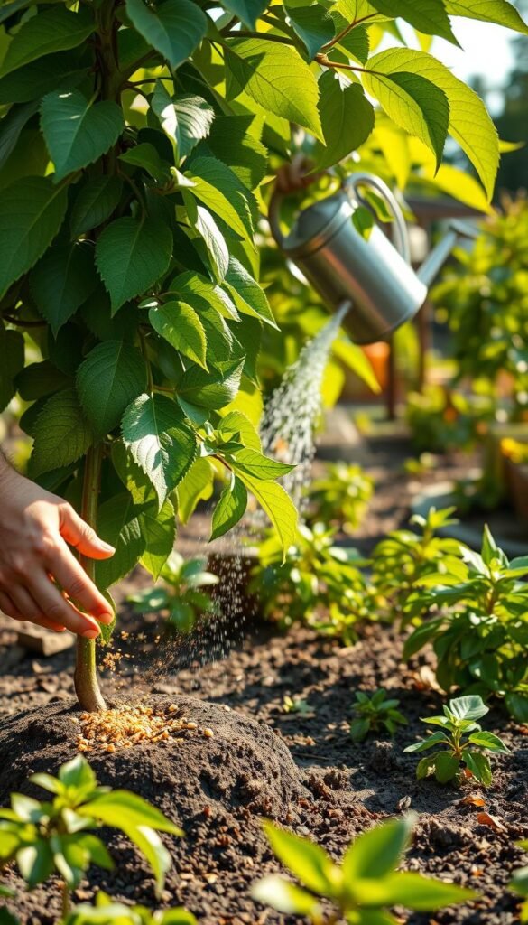 A lush, verdant passion fruit vine is being carefully tended to in a sun-dappled garden. The foreground shows a gardener's hands gently sprinkling organic fertilizer around the base of the plant, nourishing the soil. In the middle ground, the gardener is using a watering can to slowly saturate the earth, ensuring the plant's roots receive adequate moisture. The background reveals a well-maintained garden oasis, with other thriving passion fruit vines and complementary foliage. The lighting is soft and natural, casting a warm, golden glow across the scene. The overall atmosphere is one of peaceful productivity, capturing the essence of optimum growth and care for this delightful passionfruit plant.