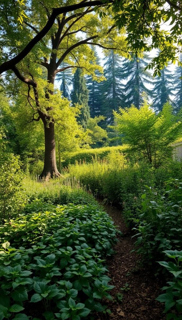A lush, verdant perennial food forest filled with diverse layers of life. In the foreground, a thick understory of edible groundcovers and herbs, their vibrant foliage carpeting the rich, loamy soil. In the middle ground, towering fruit trees casting dappled sunlight, their branches laden with ripe, juicy produce. The background reveals a dense canopy of nut trees and tall, towering evergreens, creating a cathedral-like atmosphere. Dappled sunlight filters through the verdant layers, illuminating the scene with a warm, golden glow. The overall composition exudes a sense of abundance, harmony, and the boundless potential of a self-sustaining, multi-tiered food system.
