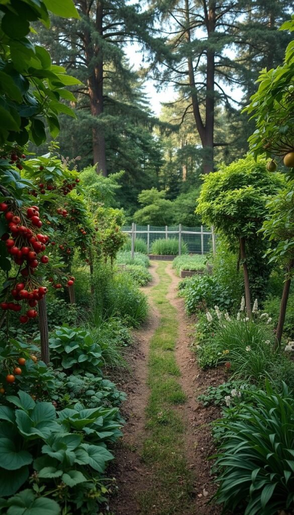 A lush, verdant permaculture food forest design layout, featuring a harmonious arrangement of diverse plant species in the foreground - fruit trees, berry bushes, leafy greens, and herbs. The middle ground showcases a winding path inviting exploration, flanked by thriving vegetable beds and companion plantings. In the background, a backdrop of towering mature trees creates a canopy, casting a warm, dappled light across the scene. The overall composition conveys a sense of abundance, vitality, and a balanced, self-sustaining ecosystem. Captured with a wide-angle lens to showcase the depth and scale of the design, the image exudes a feeling of tranquility and connection to nature.