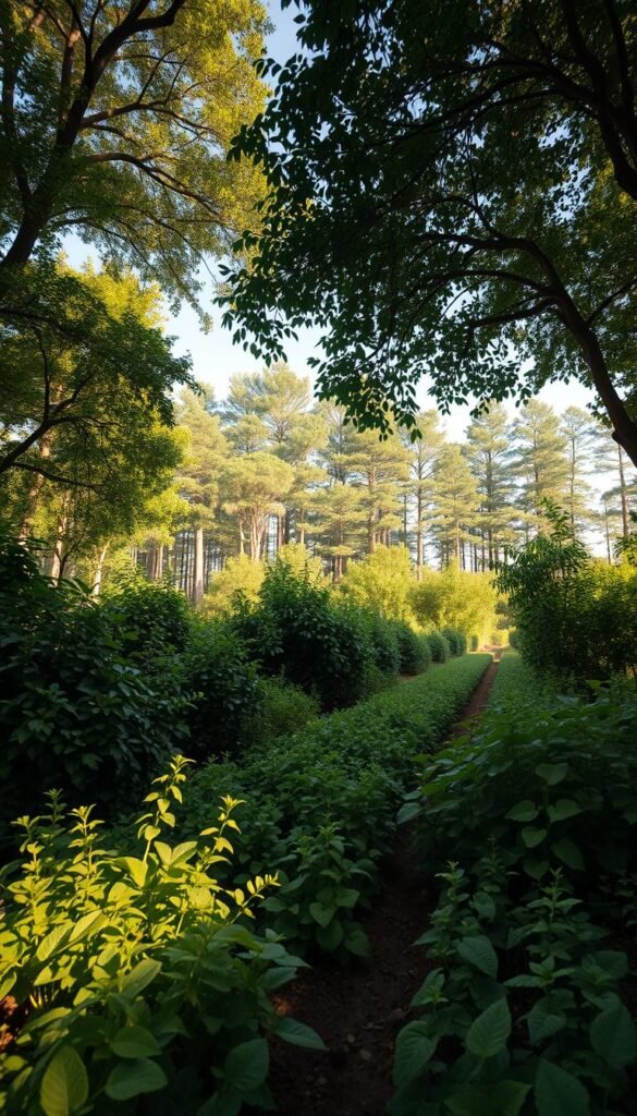 A lush, verdant permaculture food forest, with distinct layers of vegetation rising from the fertile soil. In the foreground, leafy ground covers and vibrant herbs carpet the ground, while towering canopy trees cast dappled sunlight over the scene. The middle ground features bushy shrubs and small fruit-bearing trees, their branches laden with ripe produce. In the distance, a diverse array of tall, stately trees form the overstory, their leaves rustling gently in a warm, summer breeze. The composition is bathed in a warm, golden glow, creating a serene, natural atmosphere. Captured with a wide-angle lens to showcase the depth and complexity of this bountiful, self-sustaining ecosystem.