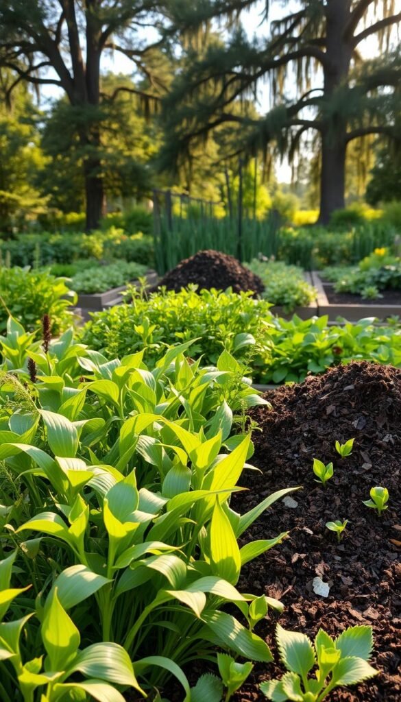 A lush, verdant permaculture garden showcasing the harmonious integration of compost and cover crops. In the foreground, a diverse array of thriving cover crops - legumes, grasses, and brassicas - intertwine, their vibrant leaves capturing the warm, golden sunlight. In the middle ground, a mound of rich, dark compost is seamlessly incorporated into the raised garden beds, its decomposing organic matter nourishing the soil. The background features a backdrop of towering, mature trees, casting a dappled shade and creating a serene, natural atmosphere. The overall scene conveys a sense of abundant fertility, sustainable land management, and the beauty that emerges from the synergistic relationship between compost, cover crops, and the living soil.