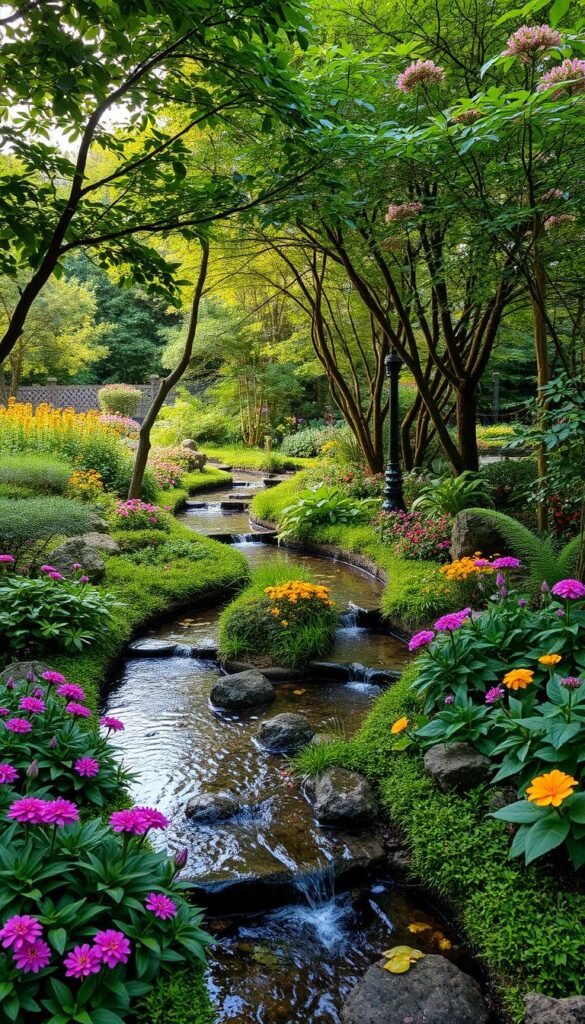 A lush, verdant rain garden with meandering pathways and gently flowing water features. Vibrant flowering plants and diverse foliage create a captivating scene, their colors reflecting in the shallow pools. Soft, diffused lighting filters through the canopy of leafy trees, casting a warm, natural glow over the entire composition. The design effortlessly integrates both form and function, showcasing how a rain garden can beautifully manage stormwater while enhancing the landscape. Subtle angles and perspectives draw the viewer's eye through the serene, tranquil space, inviting exploration and contemplation.