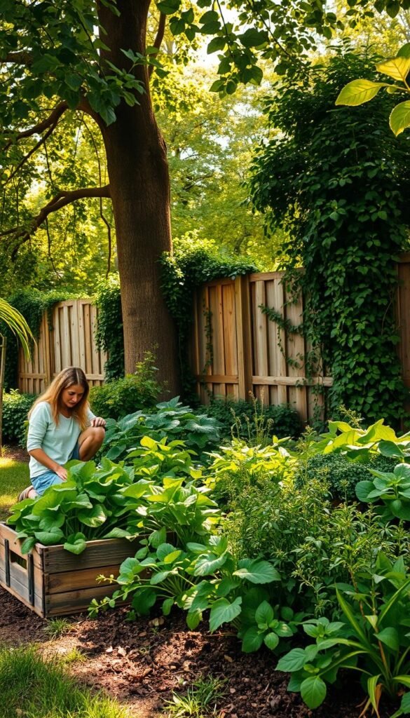 A lush, verdant shade garden with dappled sunlight filtering through a canopy of dense foliage. In the foreground, a gardener inspects the soil, kneeling on a weathered wooden crate, surrounded by a diverse array of leafy greens and herbs thriving in the low-light conditions. Towering trees and shrubs form the middle ground, casting gentle shadows that create a serene and contemplative atmosphere. The background features a rustic wooden fence, partially obscured by trailing vines, hinting at the private, secluded nature of this shaded oasis. Warm, diffused lighting imbues the scene with a sense of tranquility, inviting the viewer to immerse themselves in the peaceful process of assessing and planning a successful shade vegetable garden.