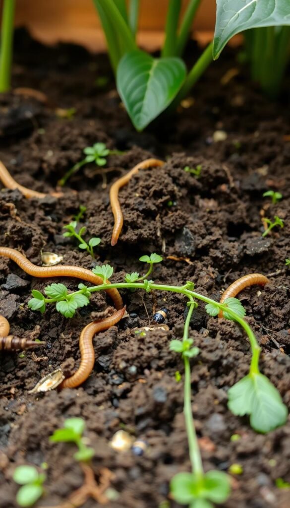 A lush, verdant soil bed teeming with life, captured in a close-up shot using a macro lens. The foreground showcases a rich, crumbly texture, dotted with earthworms, decomposing organic matter, and the vibrant green of thriving roots. The middle ground reveals a diverse microbiome, with fungal hyphae, bacteria, and beneficial insects interacting in a harmonious dance. The background subtly fades into a warm, earthy tone, creating a sense of depth and emphasizing the importance of balanced soil health. Soft, diffused lighting illuminates the scene, casting gentle shadows and highlighting the natural patterns and structures within the soil. The overall mood is one of vitality, renewal, and the intricate, interconnected web of life that sustains a thriving organic garden.