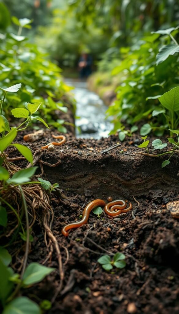 A lush, verdant soil in a permaculture food forest, teeming with healthy microorganisms and nutrient-rich humus. The foreground showcases diverse plant life, including vibrant green leaves, sprawling roots, and decomposing organic matter. The middle ground reveals a cross-section of the soil, exposing its intricate layers and structure, with earthworms and other beneficial organisms thriving within. In the background, a gentle stream flows, providing the necessary moisture for this thriving ecosystem. The lighting is soft and diffused, creating a serene, natural atmosphere that captures the essence of a sustainable, regenerative food production system.
