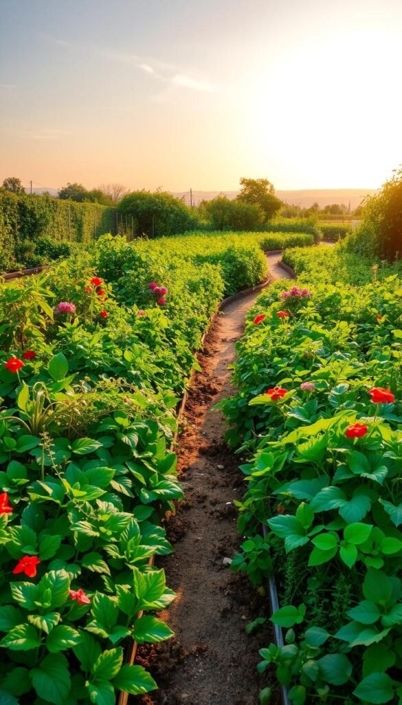 A lush, verdant square foot garden thriving in a warm, sunlit environment. The foreground showcases a variety of vibrant, healthy plants - leafy greens, trailing vines, and bright blooms - densely packed within neatly delineated square-foot sections. In the middle ground, a winding path meanders through the garden, inviting the viewer to explore. The background features a serene, cloudless sky with a warm, golden hue, suggesting the ideal climate for this type of intensive, space-saving gardening. The overall scene exudes a sense of bountiful productivity, efficient land use, and the benefits of square foot gardening in hot climates.