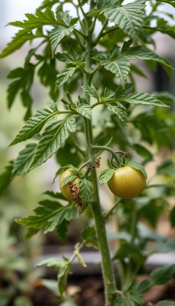 A lush, verdant tomato plant stands proud, its leaves glistening in the soft, diffused light of an overcast day. Yet, upon closer inspection, small tell-tale signs of beginner's mistakes emerge - yellowing leaves, wilting stems, and a hint of pest damage. The background fades into a gentle blur, drawing the viewer's eye towards the plant's imperfections, a subtle reminder that even the most passionate gardeners face challenges in their first season. The overall scene conveys a sense of learning and growth, a testament to the journey of a novice green thumb.