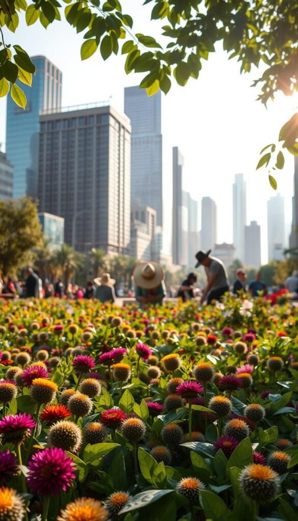 A lush, verdant urban garden filled with a variety of vibrant seedbombs scattered across the foreground. In the middle ground, guerrilla gardeners carefully tending to the blooming flora, their faces obscured by wide-brimmed hats. The background showcases a bustling cityscape, skyscrapers juxtaposed with the natural beauty of the reclaimed public space. Warm, diffused sunlight filters through the leaves, casting a gentle glow over the entire scene. The overall atmosphere is one of peaceful resilience, showcasing how innovative approaches can transform neglected areas into thriving community gardens.