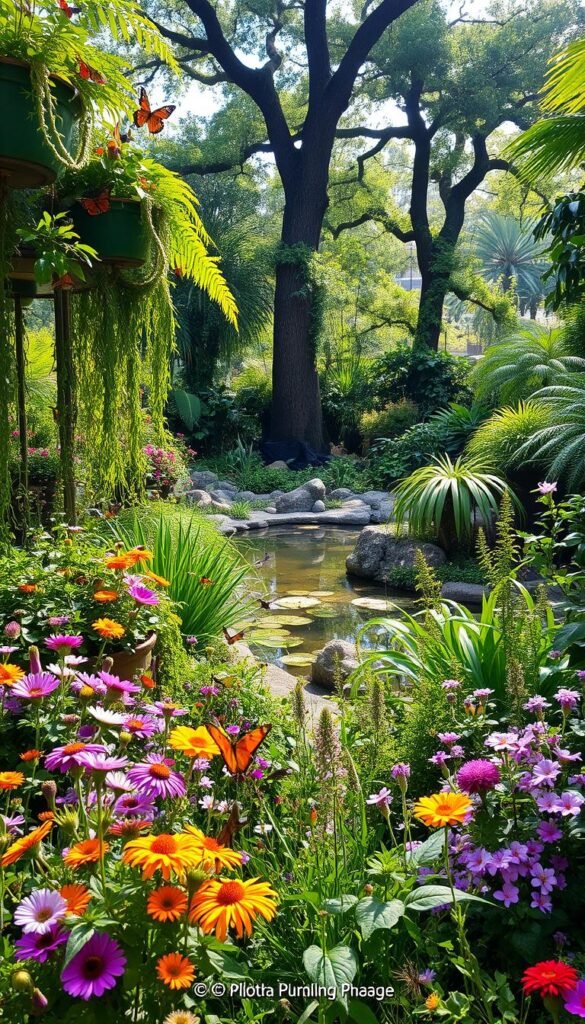 A lush, verdant urban garden teeming with diverse flora and fauna. In the foreground, a vibrant array of blooming wildflowers and fragrant herbs attract a flurry of butterflies and bees. Elegant ferns and trailing vines cascade from overflowing planters, creating a layered, jungle-like canopy. In the middle ground, a small pond reflects the dappled sunlight, its surface disturbed by darting dragonflies and water striders. Towering trees in the background provide shelter and nesting sites for songbirds, their branches rustling gently in the breeze. The overall scene exudes a sense of serenity and natural abundance, showcasing the potential for rich biodiversity within a compact urban space.