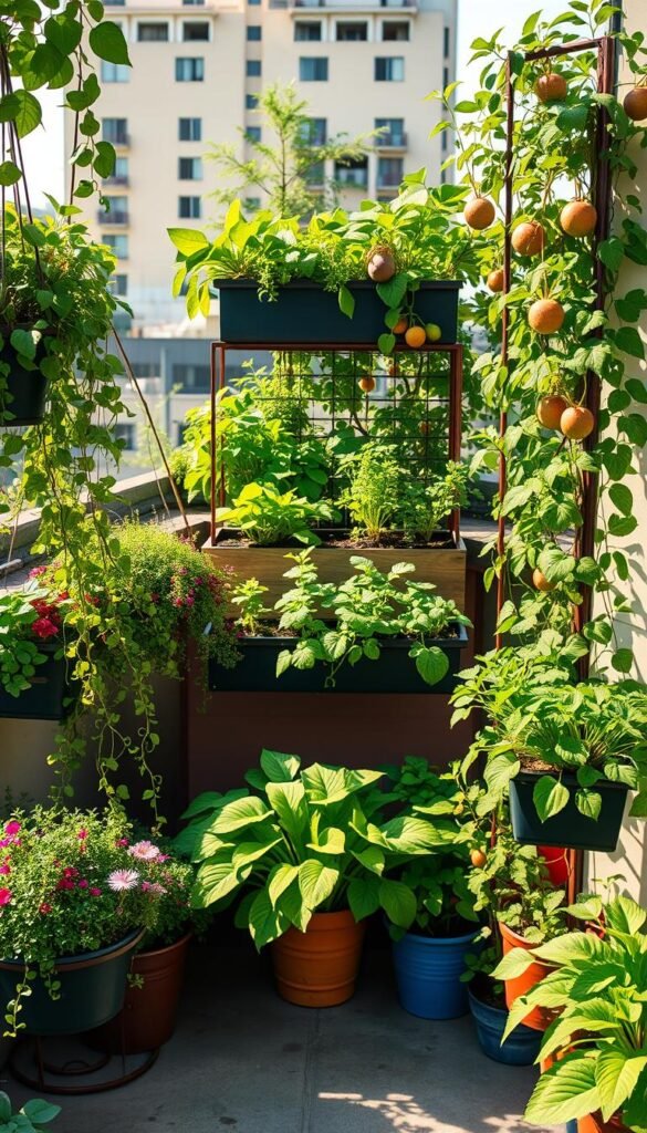 A lush, verdant urban rooftop garden with a variety of vertical gardening techniques on display. In the foreground, neatly arranged hanging baskets brimming with cascading vines and flowering plants. In the middle ground, a series of tiered planter boxes hosting thriving herb and vegetable plants. The background features an artfully crafted trellis system supporting a flourishing vine with ripe fruit. Warm, natural lighting illuminates the scene, casting gentle shadows and highlighting the vibrant foliage. The overall composition conveys a sense of harmony, efficiency, and abundance within a compact, vertical growing space.