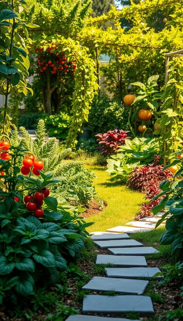 A lush, verdant vegetable garden nestled in a neatly manicured backyard, transforming a once-ordinary lawn into a bountiful oasis. Vibrant greens, deep reds, and golden yellows of thriving tomato plants, leafy kale, and robust squash vines create a harmonious tapestry. Soft, diffused sunlight filters through the canopy, casting warm, natural shadows that accentuate the garden's dimensional depth. In the foreground, a winding path of stepping stones leads the viewer deeper into this flourishing haven, inviting exploration. The overall atmosphere conveys a sense of abundance, productivity, and the rewarding connection between human and nature.