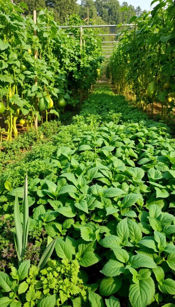 A lush, verdant vegetable garden showcasing dense planting techniques. In the foreground, a variety of leafy greens and herbs are tightly packed, their vibrant foliage creating a tapestry of textures and colors. The middle ground features rows of thriving tomato plants, their vines intertwined to maximize space. In the background, a mix of squash, beans, and other produce forms a dense, productive canopy, casting dappled light and shadows across the scene. The overall composition conveys a sense of abundance and efficient land use, captured in warm, natural lighting that enhances the organic, earthy tones of the garden.