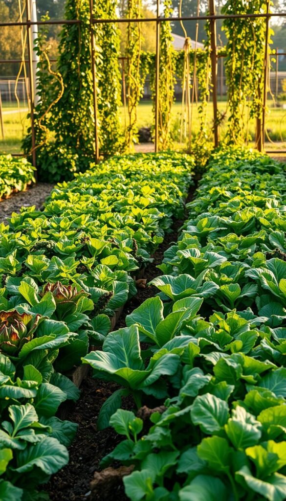 A lush, verdant vegetable garden showcasing the principles of succession planting. In the foreground, rows of thriving leafy greens, brassicas, and root vegetables in various stages of maturity, their vibrant colors and textures creating a harmonious tapestry. In the middle ground, newly transplanted seedlings and freshly sown seeds intermingle, hinting at the continuous cycles of growth and harvest. The background frames the scene with a backdrop of towering trellises, supporting climbing vines and trailing tendrils, all bathed in the warm, golden light of a late afternoon sun. The overall composition conveys a sense of abundance, efficiency, and the rhythmic, seasonal cycles that define a thriving, productive vegetable garden.